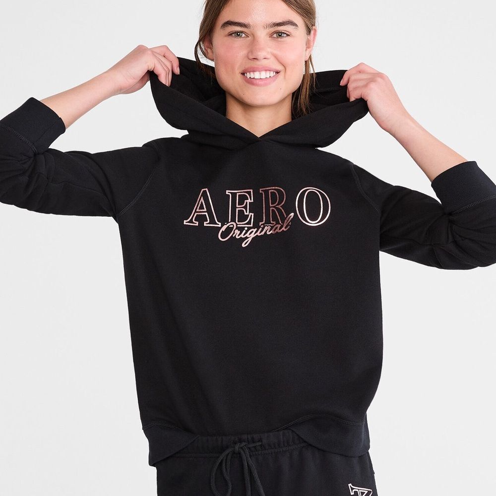 Aero Pullover Hoodie Pink Foil Print Logo Athleisure CozyVibes Size Large NWT